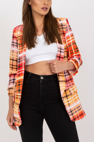 Lässiger Blazer für Damen, Farbe kariert, langärmelig, vorne offen, für die Arbeit im Büro, Anzugjacke mit Tasche 