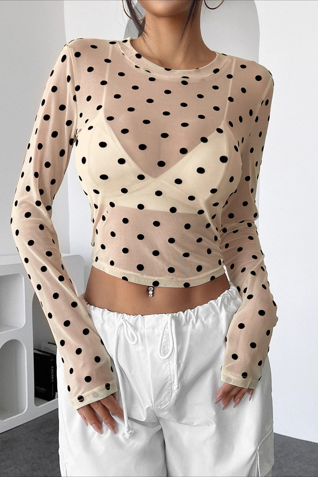 Sheer Dot Mesh Long Sleeve T-shirt