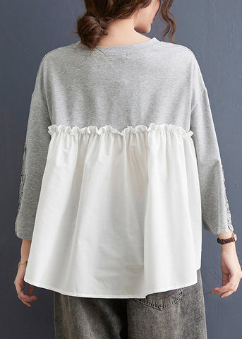 Frauen Grau Rüschen Spitze Patchwork Baumwolle Tops Frühling 