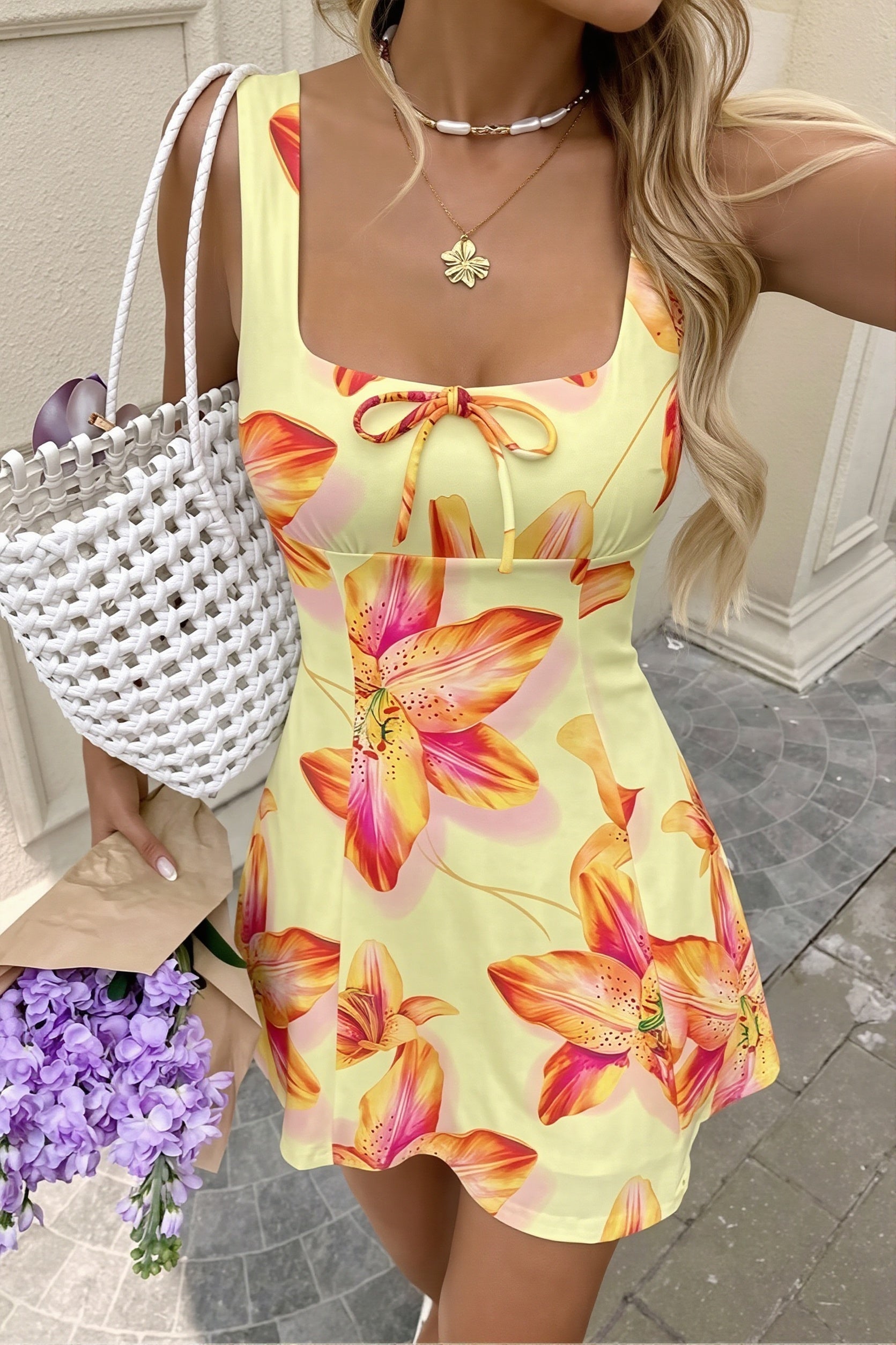 High Waist Bow Slim Fit Cami Mini Dress