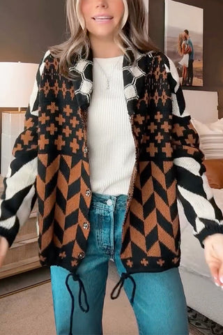Suéter tipo cárdigan con estampado geométrico, botones y dobladillo con cordón ajustable 