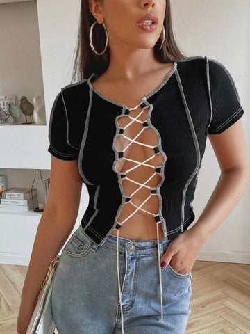 vintage Patchwork Broken Design Mesh Crop Top For Women Street Bandage Wear Tees Punk Style Long Sleeve T-shirt Female clothes