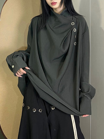 Blusas y camisas de manga larga, sueltas, asimétricas, plisadas, con abertura y cuello alto 