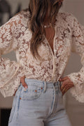 Hollow Out Tie Casual Lace Blouse