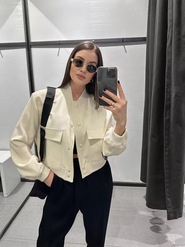 Mode Frau Bomber Jacken für Frauen 2024 Frühling Herbst Weibliche Langarm Mäntel Damen Große Taschen Jacke Neue Oberbekleidung 