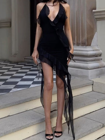 TARUXY Tiefem V-Ausschnitt, figurbetontes Kleid für Damen, Rüschen, drapiert, asymmetrisch, hohe Taille, Kleider für Damen, Strandurlaub, sexy Minikleid für Damen 