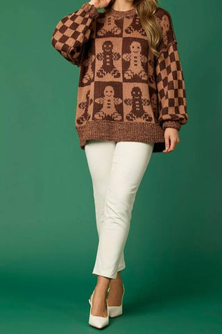 Christmas Gingerbread Man Round Neck Long Sleeve Loose Knit Sweater