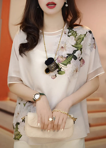 Mode Weiß O-Ausschnitt Print Chiffon Blusen Sommer 