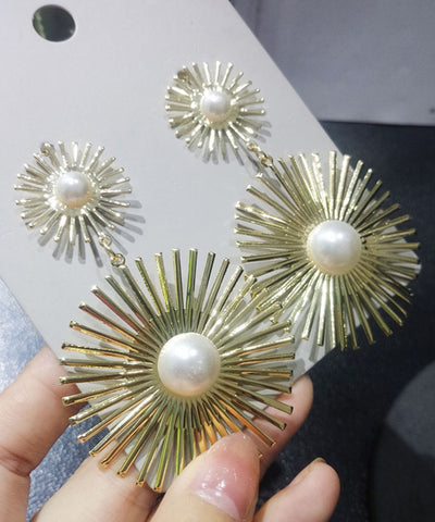Pendientes colgantes geométricos circulares de perla de metal dorado de gran tamaño 