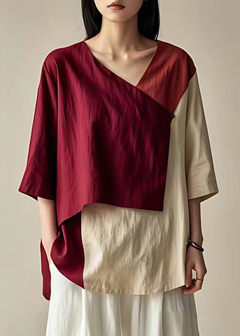 Französisches, weinrotes, asymmetrisches Patchwork-Baumwolltop mit Armbandärmeln 