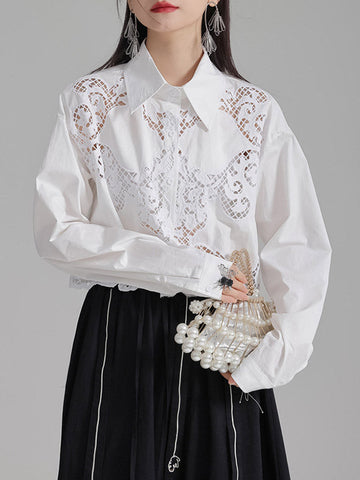 Lange Ärmel Lose Geknöpft Hohl Einfarbig Revers Blusen &amp; Hemden Tops 