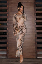 Round Neck Long Sleeve Leopard Print Bodycon Maxi Dress