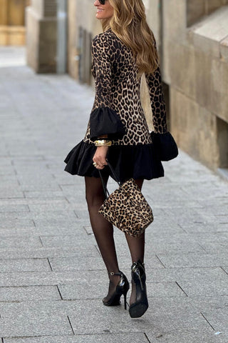 Street Elegant Leopard Patchwork Rüschen Halb Rollkragen Minikleider 