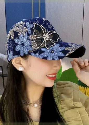 Gorra de béisbol elegante con diseño de mariposas y retazos de circonitas y encaje azul 
