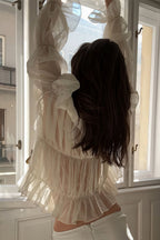 Solid Ruched Ruffle Tie Blouse