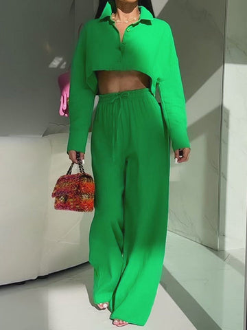 Conjunto de dos piezas de blusa de manga larga de color liso y pantalón ancho de cintura alta con cordón elástico 