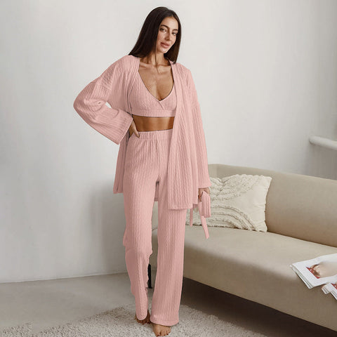 Pijama de punto sexy de otoño con tirantes, conjunto de tres piezas, cárdigan de manga larga, pantalones, ropa de casa para mujer 