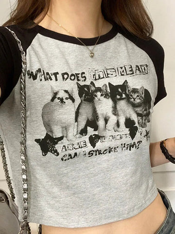 Damen T-Shirt Y2k Print Slim Graphic Sommer Koreanische Mode Harajuku Streetwear Kurzarm Ästhetische Kleidung
