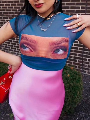 TARUXY Camisetas estampadas con ojos divertidos, tops cortos de malla estética de los años 2000, ropa grunge, camisetas gráficas vintage Harajuku, ropa urbana Y2K 