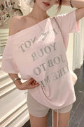 Letter Print Pink Off‑Shoulder T‑shirt