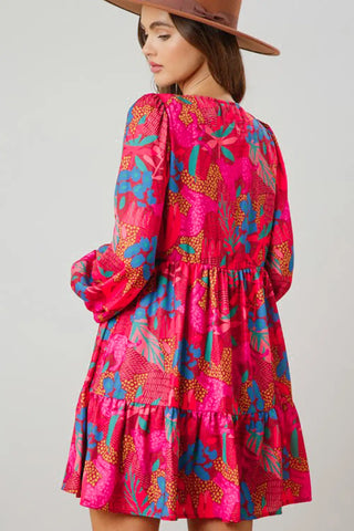 rose floral v neck bubble sleeve mini dress