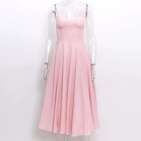 Pink Corset Dress Spaghetti Straps Backless Brunch Birthday Party Midi Dresses
