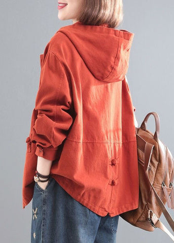 Lässiger orangefarbener Jeansmantel mit Kapuze und chinesischen Knöpfen, lange Ärmel 