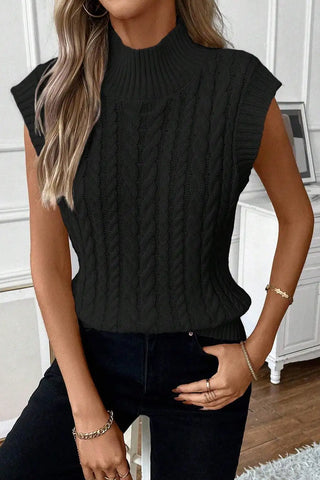 elegante chaleco de cuello alto de punto trenzado negro 