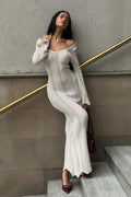Elegant U Neck Knit Flare Sleeve Sheer Cutout Bodycon Maxi Dress