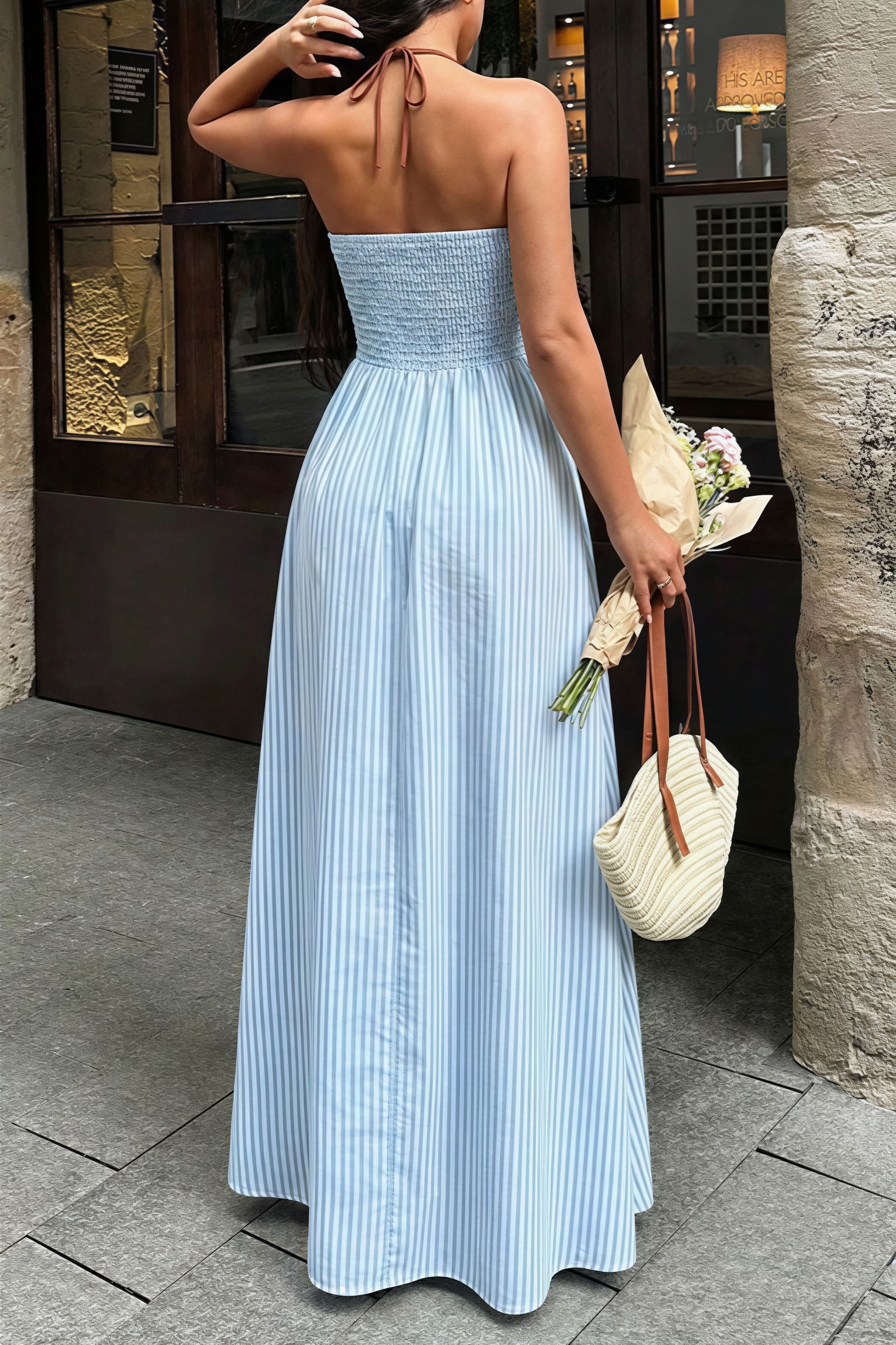 Deep V Neck Striped Backless Maxi Dress