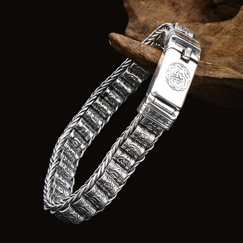 Pulsera de plata de ley con ruedas de oración y mantras budistas 