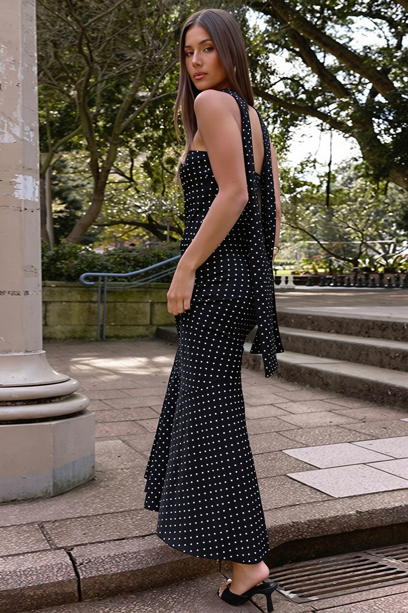 Chic Polka Dot Strapless Tie Waist Slim Maxi Dress