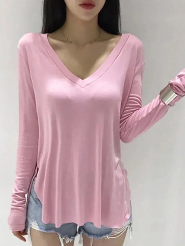 Camiseta informal con cuello en V para mujer, primavera 2024, estilo coreano, ropa para mujer, camisetas básicas, camisetas de manga larga, camisetas holgadas, camisetas 