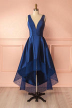 Deep V Neck High Low Lace Satin Prom Dresses Bridesmaid Dresses