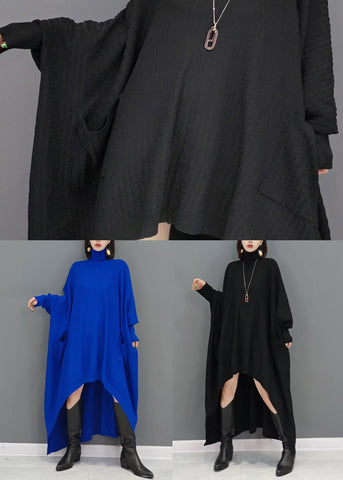 Schwarzes Patchwork-Strickpulloverkleid in Übergröße mit hohem Halsausschnitt 