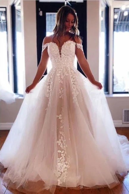 Designer-Brautkleider in A-Linie mit schulterfreiem V-Ausschnitt und Spitze