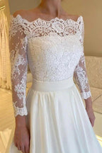 Designer A-Line Satin Lace Long Sleeve Wedding Dress With Appliques