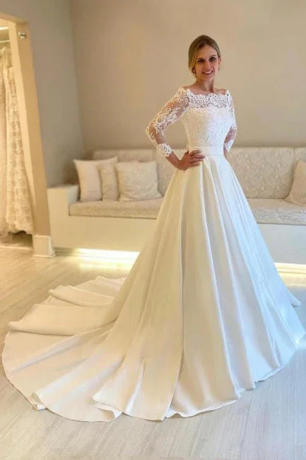 Designer A-Line Satin Lace Long Sleeve Wedding Dress With Appliques