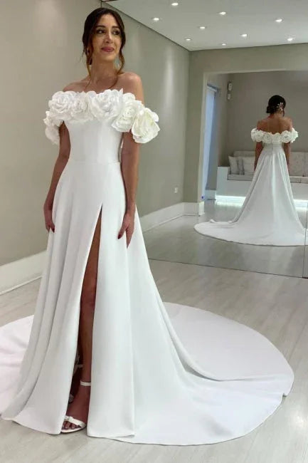 Designer A-Line Satin Off-The-Shoulder Sleeveless  Wedding Dresses With Split