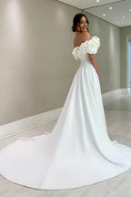 Designer A-Line Satin Off-The-Shoulder Sleeveless  Wedding Dresses With Split