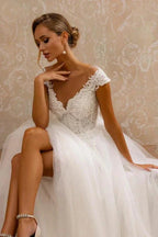 Designer A-Line Tulle Lace V-Neck Sleeveless Wedding Dress With Appliques