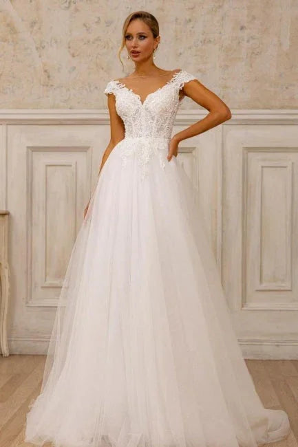 Designer A-Line Tulle Lace V-Neck Sleeveless Wedding Dress With Appliques