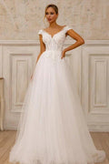 Designer A-Line Tulle Lace V-Neck Sleeveless Wedding Dress With Appliques