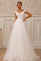Designer A-Line Tulle Lace V-Neck Sleeveless Wedding Dress With Appliques