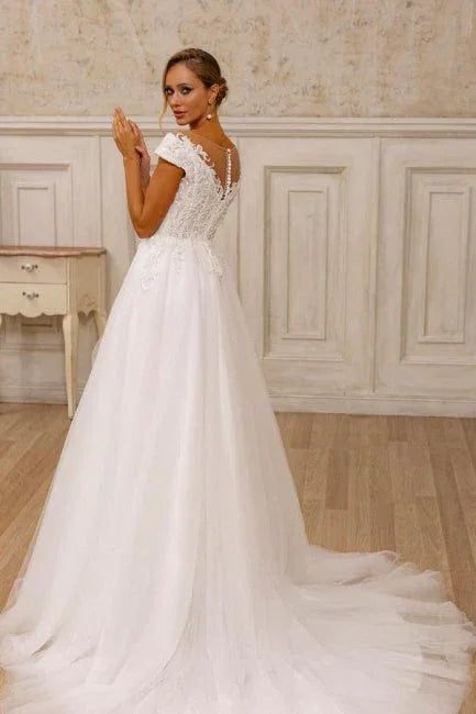 Designer A-Line Tulle Lace V-Neck Sleeveless Wedding Dress With Appliques