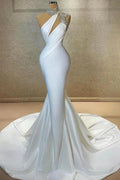 Designer Column Satin High Neck Sleeveless Long Prom Dress With Ruffles