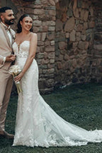 Designer Long Mermaid Strapless Lace Wedding Dress with Train