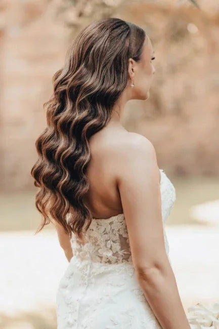 Designer Long Mermaid Strapless Lace Wedding Dress with Train