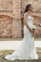 Designer Long Mermaid Strapless Lace Wedding Dress with Train