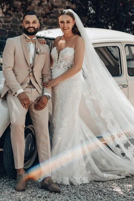 Designer Long Mermaid Strapless Lace Wedding Dress with Train